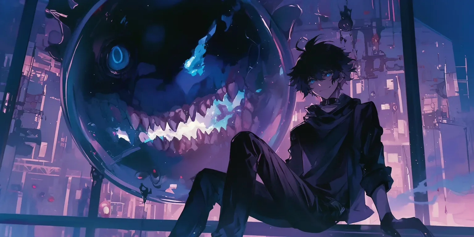 He sits with his back to a huge grinning creature inside a lit glass sphere, the whole scene washed in purple and blue night tones.