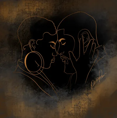 Two faces almost touching, drawn in one continuous gold line on black, with a mottled bronze wash around the edges of the square.