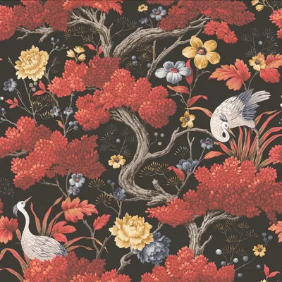 Red-leafed branches, yellow peonies and white cranes repeat across a charcoal-black ground in a dense vintage textile pattern with no single focal point to crop around.