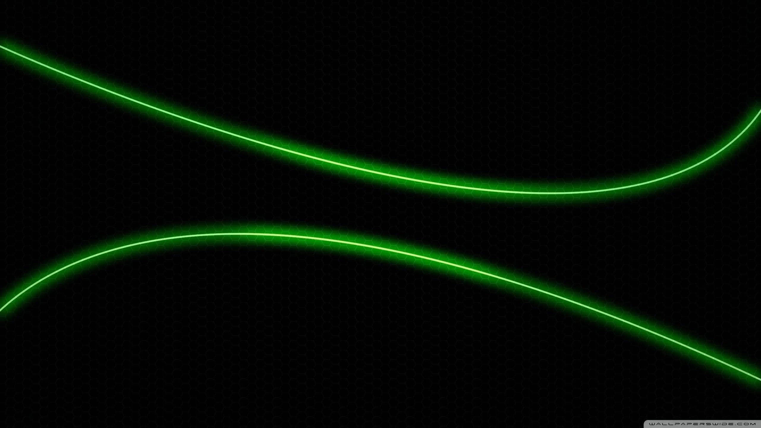 Two green neon curves sweep across pure black in opposite directions, nearly touching in the middle of the frame.