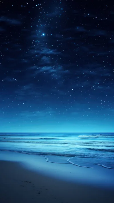 A calm blue beach at night, faint stars over a glowing sea; footprints cross the sand at the bottom, the sky mostly empty for widgets.