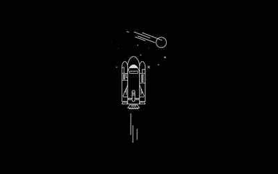 A shuttle and its boosters drawn in thin white outline climb from the bottom edge, a comet streaking past the top right corner.