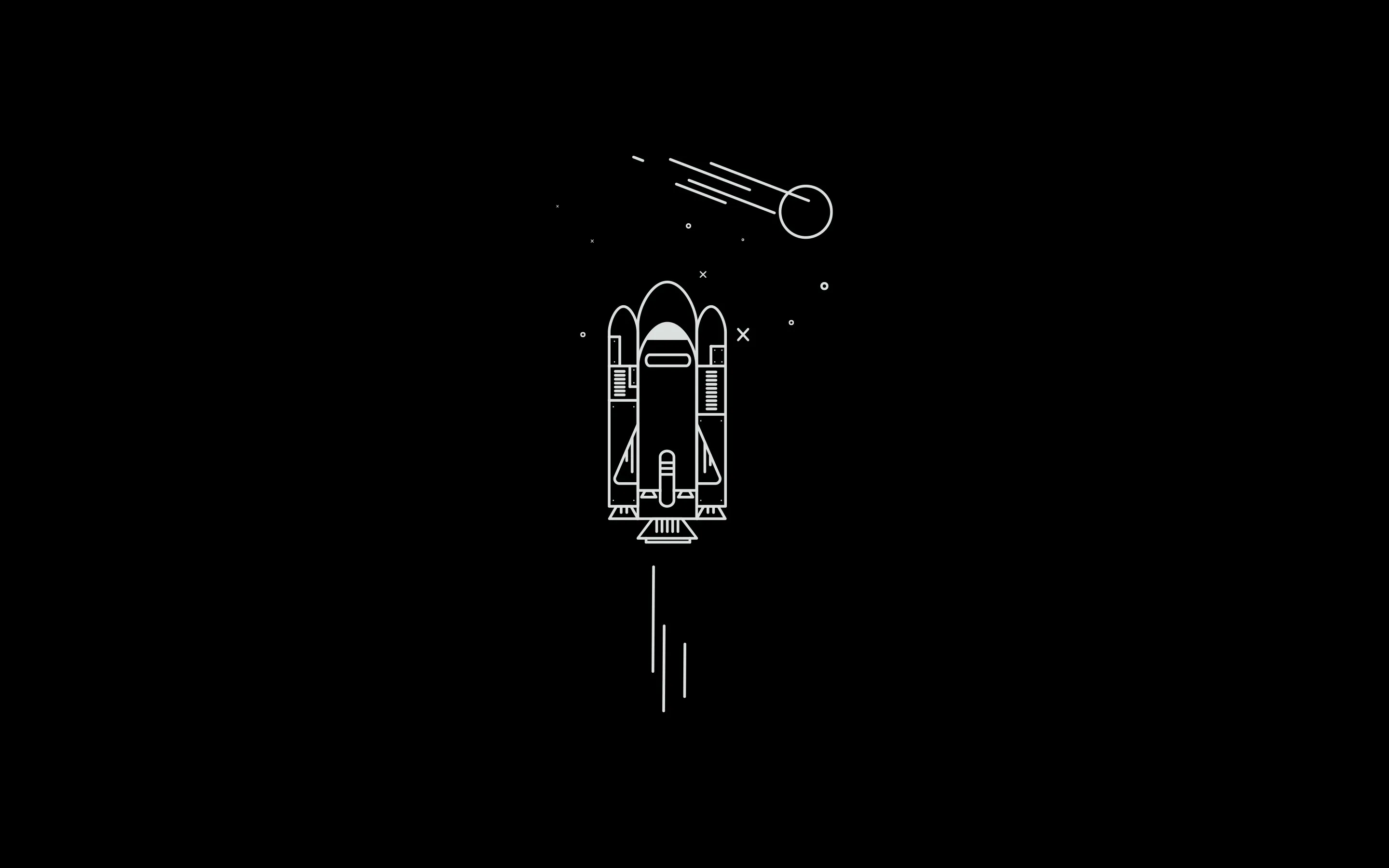 A shuttle and its boosters drawn in thin white outline climb from the bottom edge, a comet streaking past the top right corner.