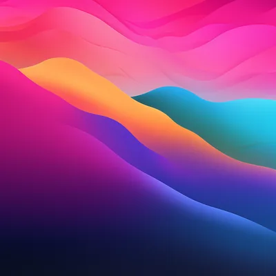Smooth vector hills in orange, teal and violet overlap beneath a hot pink sky, the bottom third fading to near-black indigo where a dock or taskbar can sit.