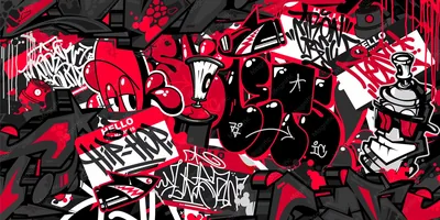 Graffiti piled letter over letter in red, black and white, with a spray can drawn into the lower right corner of the wall.