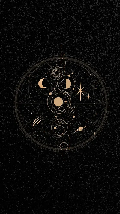 A gold circle of moon phases, planets and stars sits at the centre of a black speckled sky.