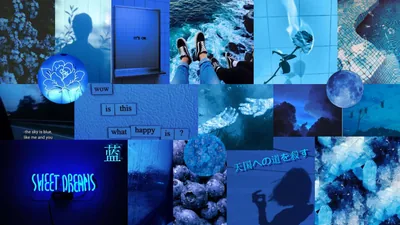 Sea photos, neon phrases and moonlit tiles fit together in one deep-blue grid, busy edge to edge so a simple white clock reads best.
