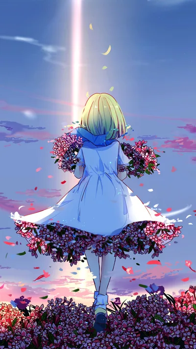 Seen from behind in this portrait crop, a girl in a white dress carries flowers toward a column of light, petals streaming up the pink field around her.