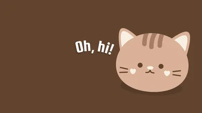 A round cartoon tabby face sits on the right saying oh hi, the rest of the cocoa brown field left flat and dark enough for white icons.