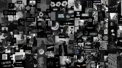 Around a hundred small monochrome photos, quote cards and neon shapes tiled edge to edge, a crescent moon and a rose sitting near the centre.