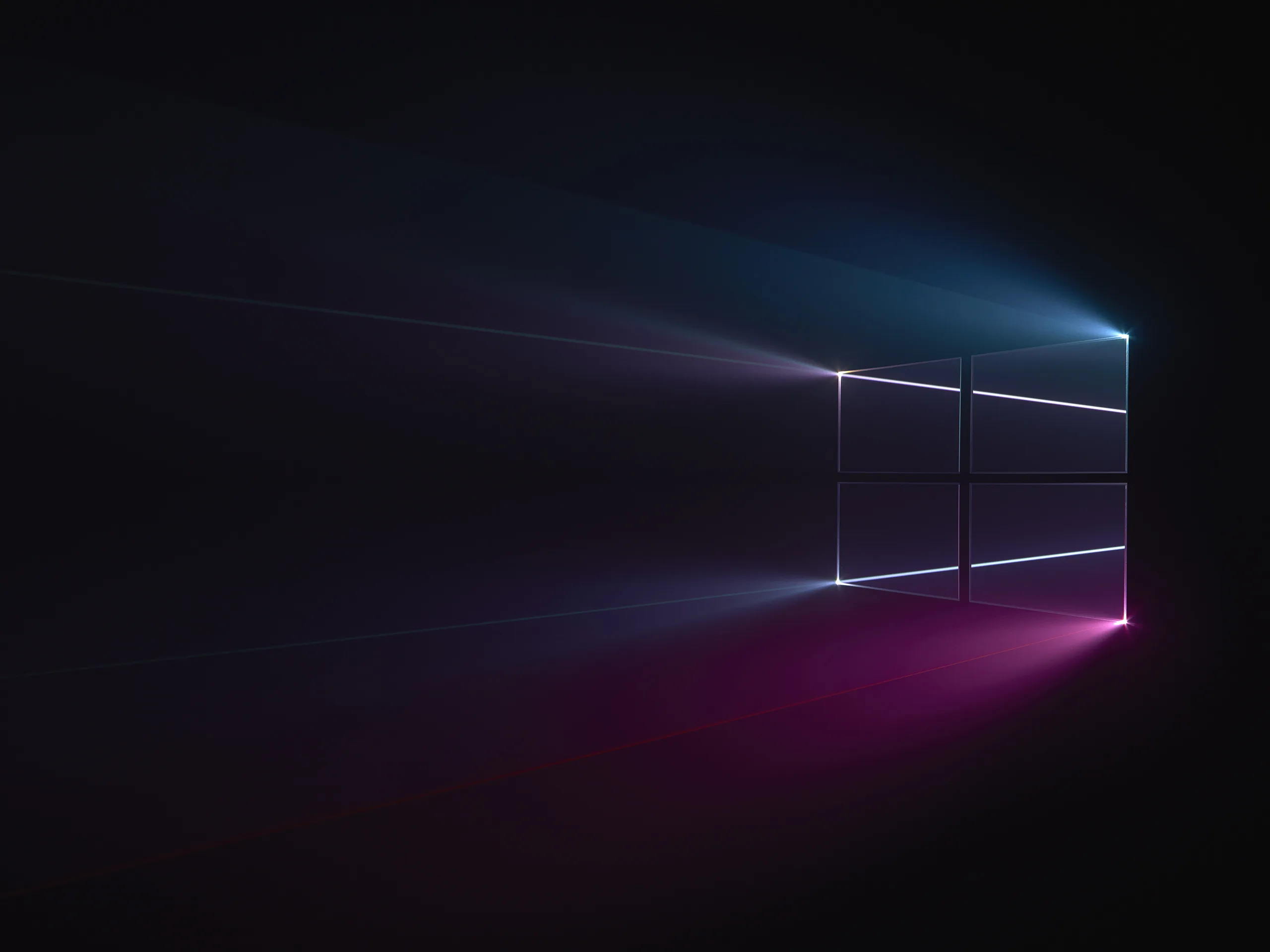The window outline stands in a dark room with blue light above and pink light pooling on the floor below.