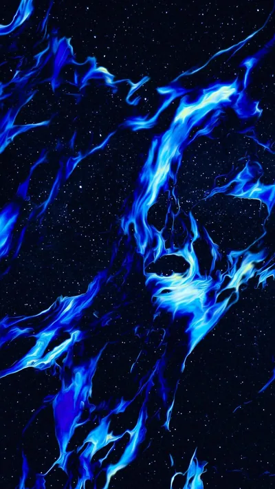 Ribbons of electric-blue fire twist into a skull-like face against a starred black backdrop, the hollow eyes formed by gaps of pure darkness.