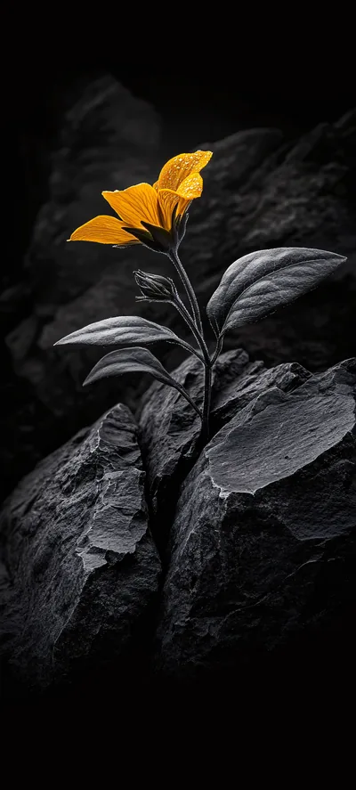 One yellow flower on a grey stem rises from a split in dark rock, the only colour left in an otherwise desaturated shot.