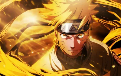 A close-up of Naruto in chakra mode, yellow eyes level with the camera and streams of golden energy flaring past both shoulders.