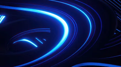 Long neon blue streaks bend through the frame in loose parallel curves, brightest where they cross the upper left and darkest at the base.