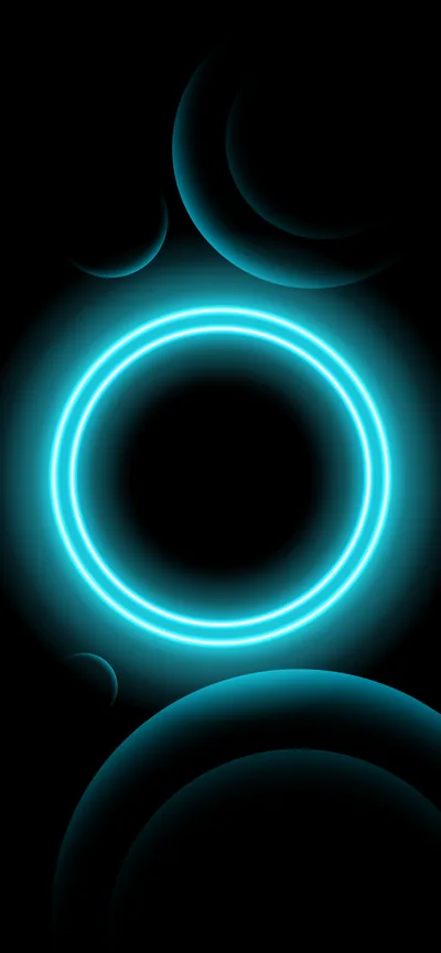 A single turquoise ring burns at the centre of the frame with softer circles ghosting behind it in near-black.