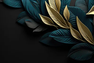 Layered leaves in deep teal crowd the right half, a few ribbed gold ones tucked among them, the left half kept plain black for icon columns.