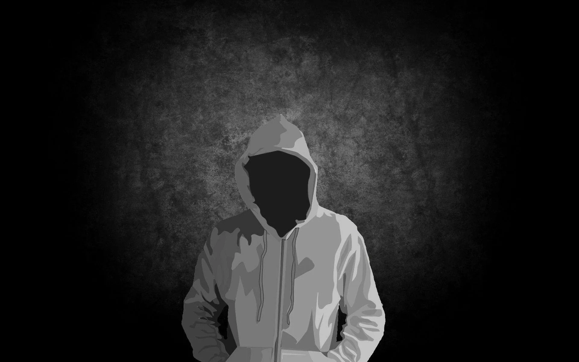 Flat illustration of a hooded figure whose face is pure shadow, a pale glow lifting the charcoal wall behind the head while both sides stay plain.