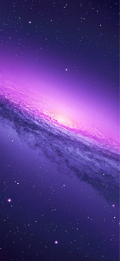 A galaxy tilts diagonally across the frame, its white-hot core flooding the upper half with purple light; the star field below stays sparse for lock-screen text.