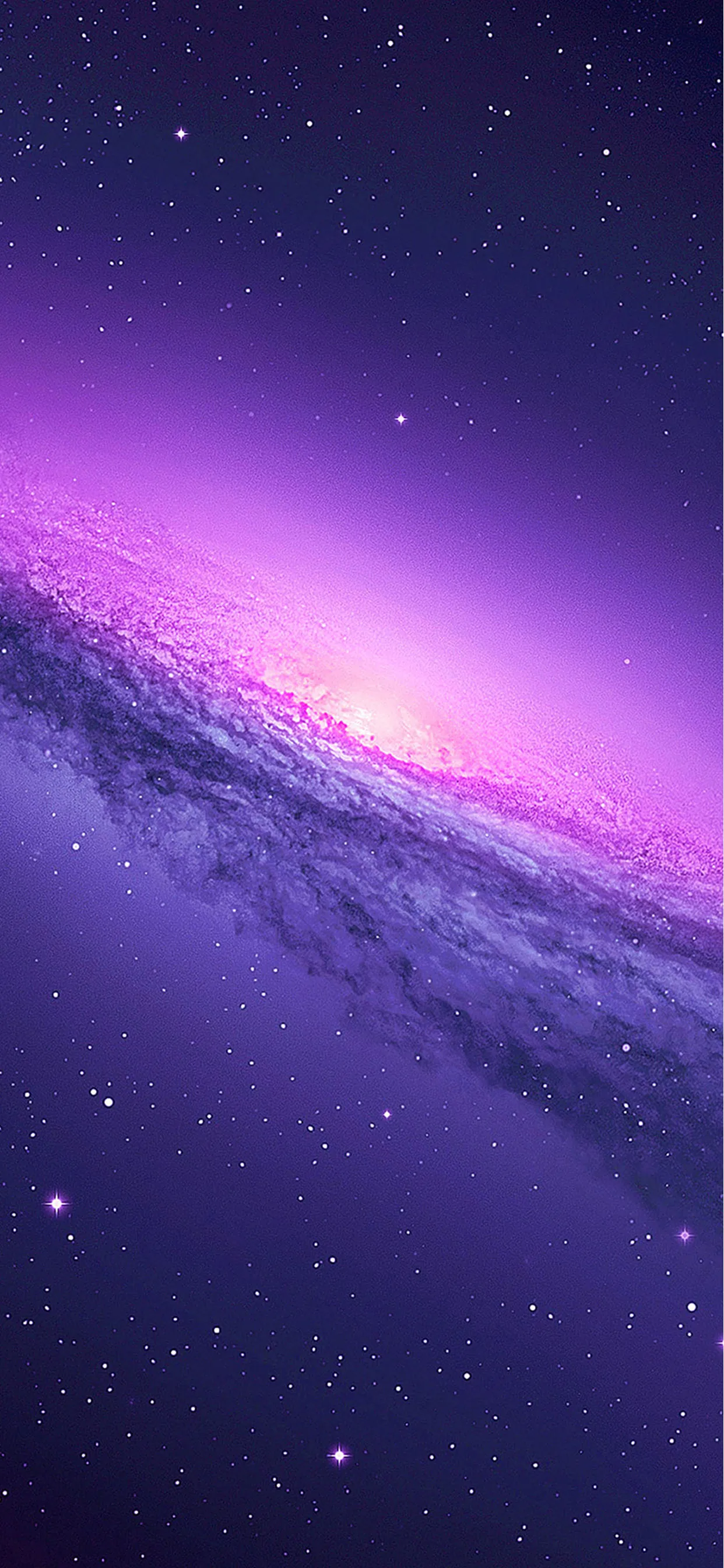 A galaxy tilts diagonally across the frame, its white-hot core flooding the upper half with purple light; the star field below stays sparse for lock-screen text.