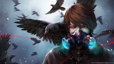 A brown-haired boy in a respirator with glowing cyan filters stares ahead while a crow lands on his shoulder, red laser lines cutting through the flock behind him.