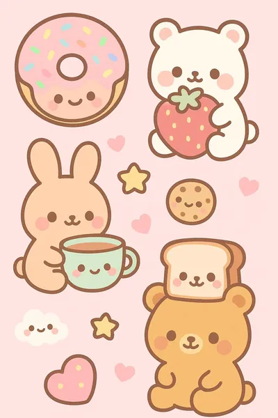 A donut, toast bear, cookie and tea-drinking rabbit are spread like stickers on rose pink, with clear gaps between them where icons can land.