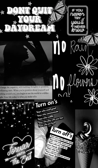 Hand-drawn phrases like 'no rain no flowers' sit over monochrome cut-outs, the type stacked heaviest across the top half.