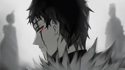 Greyscale from edge to edge except a single red eye and a scar, with two blurred figures standing far back in the mist.