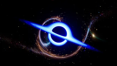 A black sphere sits at the centre of a bright blue accretion ring, warped starlight bending around it and a small orange star off to the right.