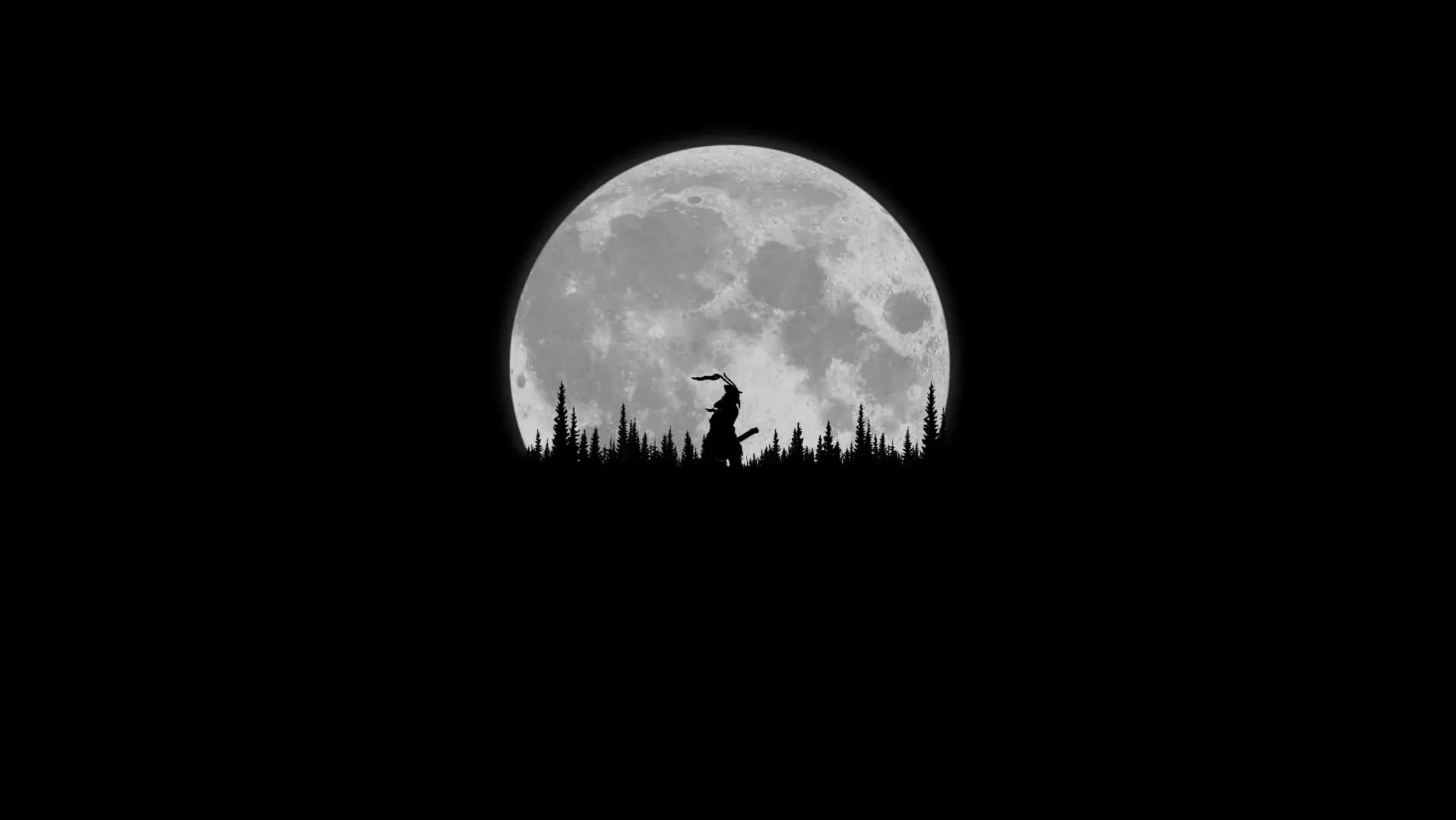 A lone swordsman stands on a treeline ridge, cut out in black against a huge grey moon, the sky around him left completely dark.