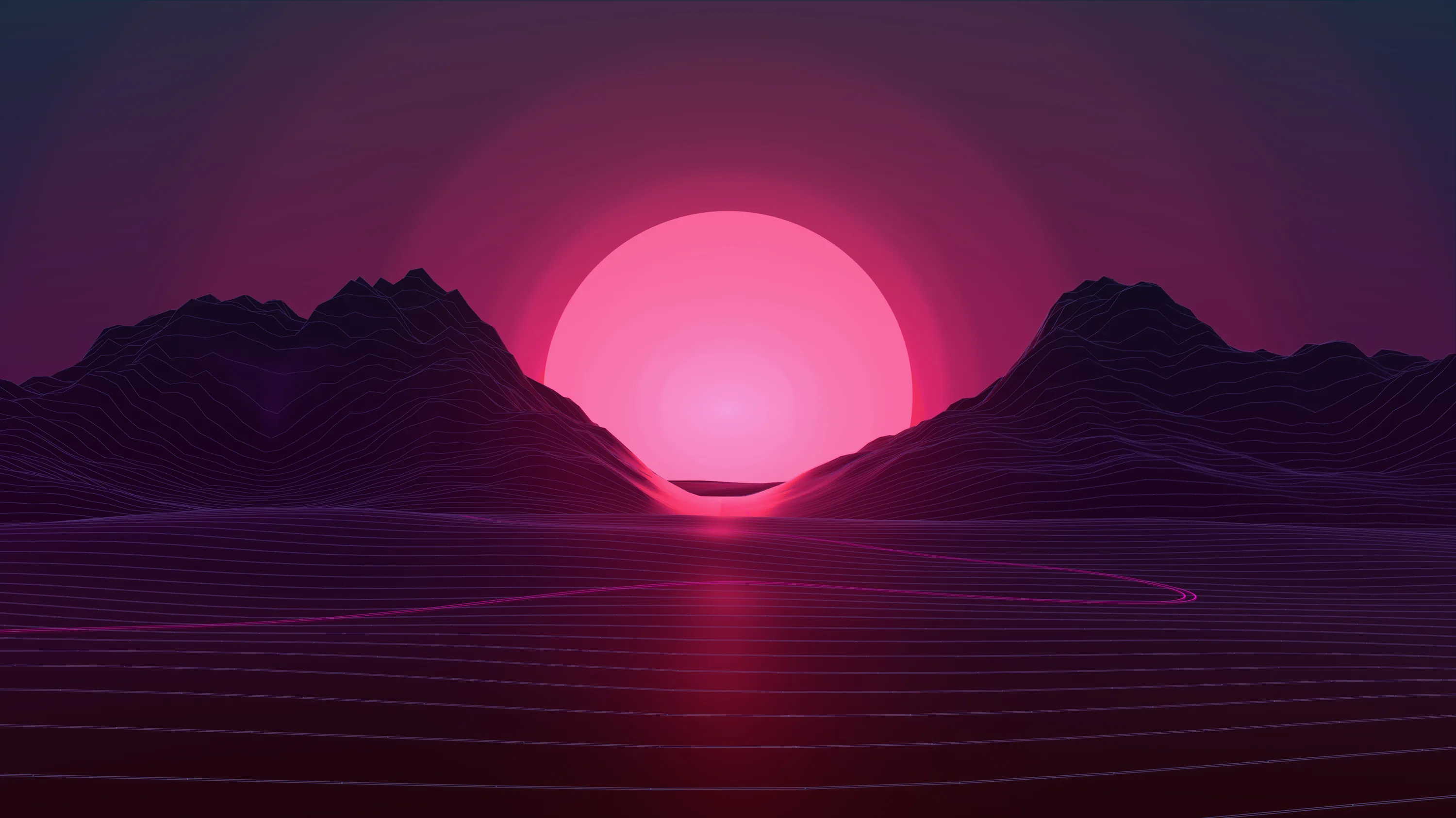 A huge pink sun sinks between two dark ridges onto a wireframe sea, its light drawing one bright line down the middle of the water.