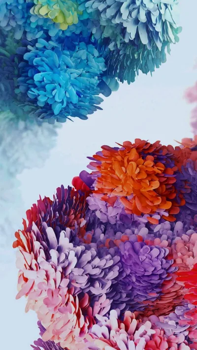 Dense bloom clusters in blue, red, purple and orange press in from the top-left and bottom edges, a diagonal strip of pale grey left open between them.