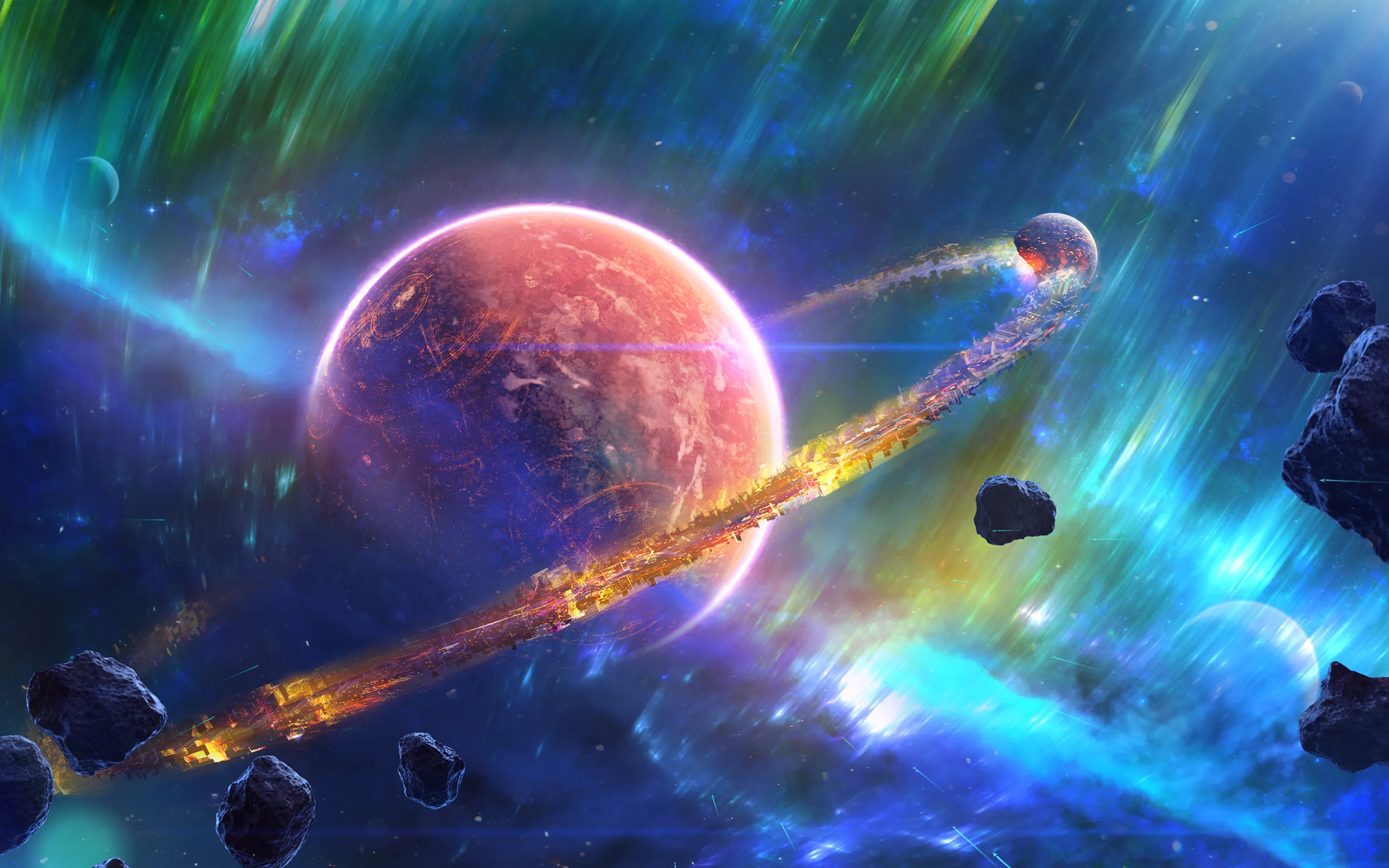 Game-style art of a burning comet trail looping around a rust-red planet, asteroids drifting through teal and green aurora light on every side.