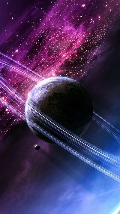 White light trails ring a shadowed planet against a purple starburst, the brightest streaks sweeping through the lower half of the frame.