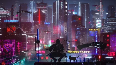 A silhouetted figure rests on a ledge beside a small cat, facing blocks of katakana signage that glow red into the smoggy night.