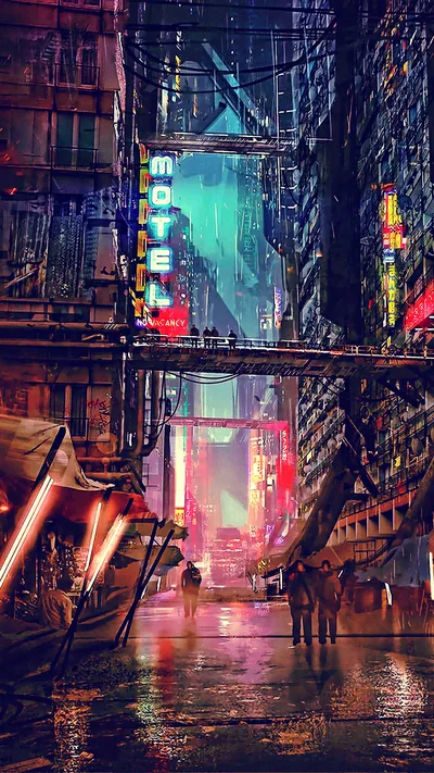 Rust-brown walkways and cables climb both walls of a narrow alley, a red motel sign hanging mid-frame while teal fog closes off the far end.
