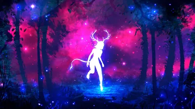 An antlered spirit in white-blue light dances in a clearing between black trees, pink star haze behind — the figure sits dead centre for a lock screen.