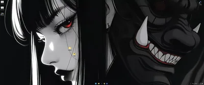 A pale girl with straight black-and-white hair and one red eye faces left while a horned hannya mask fills the right half, the whole panel drained to monochrome except her iris.