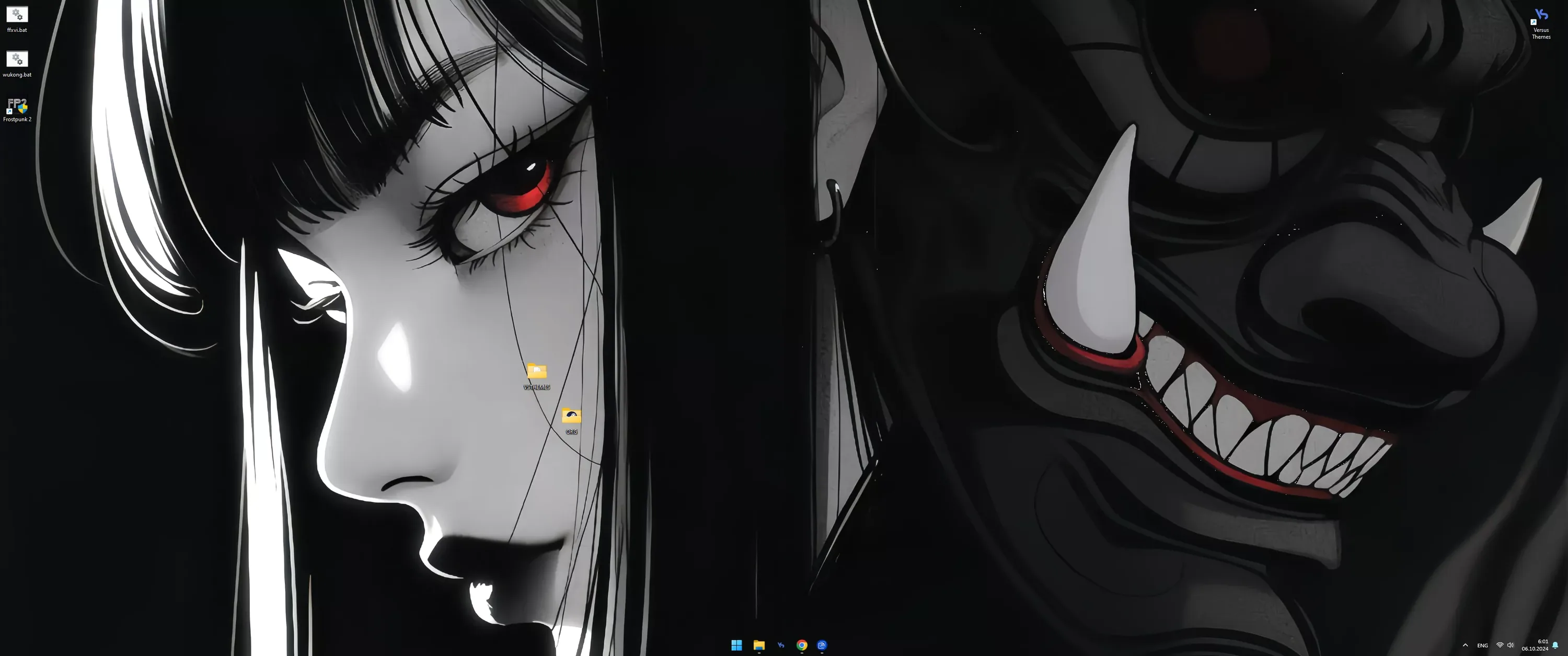 A pale girl with straight black-and-white hair and one red eye faces left while a horned hannya mask fills the right half, the whole panel drained to monochrome except her iris.