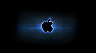 The Apple logo sits centred in silhouette with a blue halo behind it, horizontal streaks of light spreading out into surrounding darkness.
