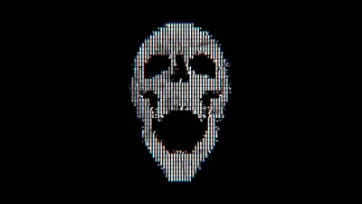A screaming skull built out of flickering pixel columns, the white and cyan noise breaking up against a solid black surround.
