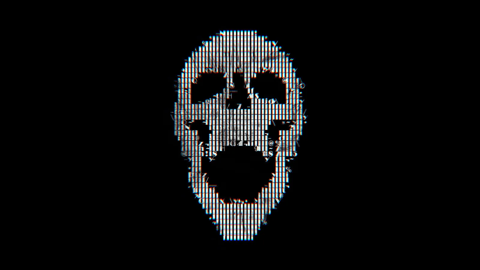 A screaming skull built out of flickering pixel columns, the white and cyan noise breaking up against a solid black surround.