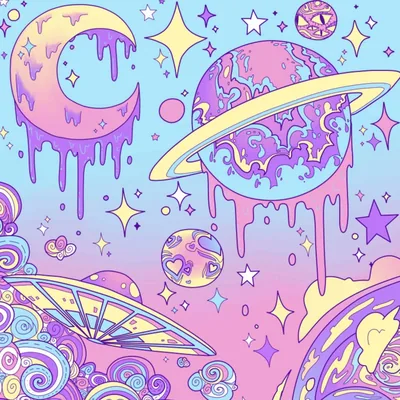 A crescent moon and ringed planet drip like ice cream in purple and pink line art, sparkles and swirling clouds filling every gap.