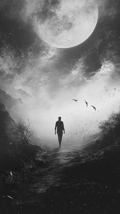 Grainy monochrome art of a man climbing a rocky trail toward the viewer, the huge moon sitting top left with birds crossing at right.