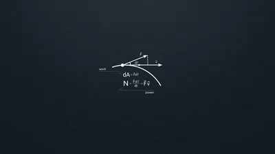 A hand-drawn curve with force arrows and a short derivation in fine white chalk lines, floating small at the centre of deep navy.