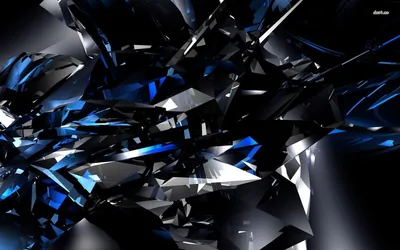 Broken shards of blue and black glass hang mid-air, reflections flaring off the facets while the outer frame stays dark.