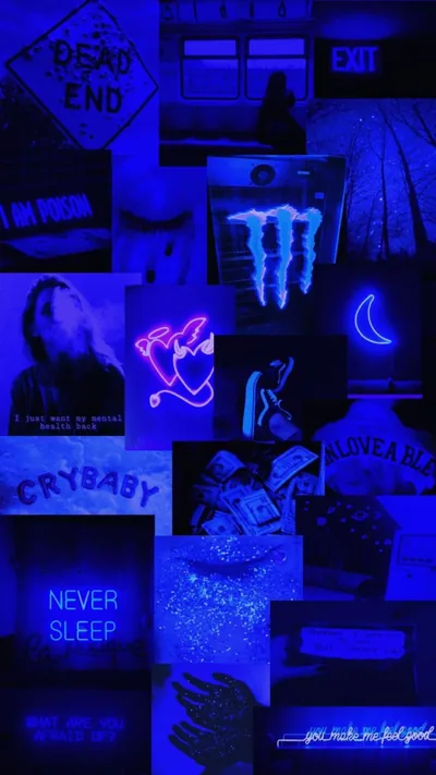 A phone-height stack of ultraviolet clippings — moon neon, claw marks, ticket stubs, and glowing captions — everything soaked in one deep indigo glow.