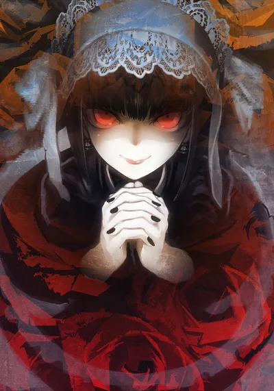 Hands folded in prayer, black-painted nails and a faint smile under a white lace hood, deep red roses filling the lower half of the tall frame.