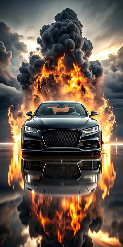 Digital art of a sedan facing forward through a wall of flame and rolling black smoke, the whole scene mirrored in the wet ground beneath it.
