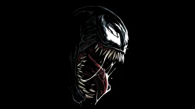 Venom's face emerges from solid black, white eyes and teeth sharp, a red tongue curling below.